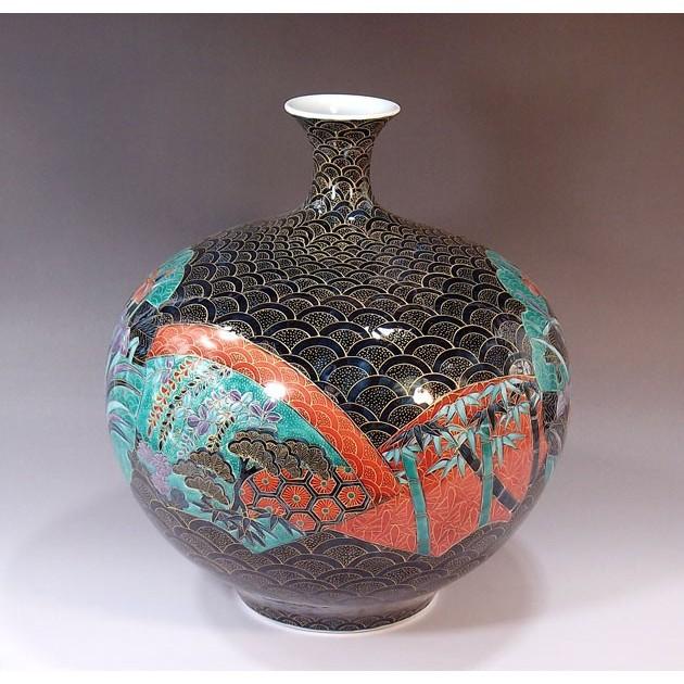 有田焼 染錦金彩青海波扇割花絵花瓶｜陶芸作家　藤井錦彩 作_2