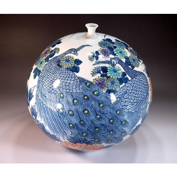 有田焼 色鍋島様式孔雀牡丹菊絵花瓶｜陶芸作家 藤井錦彩 作 : 有田焼