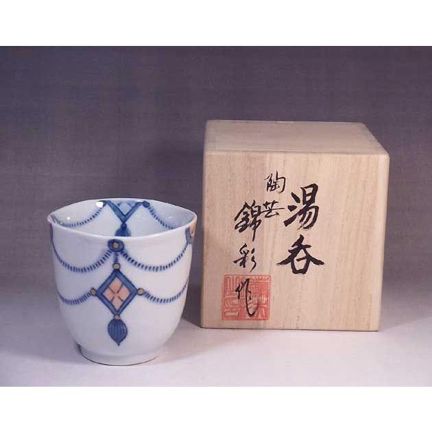 有田焼 陶芸家 藤井錦彩作 染錦シャンデリア文様波渕湯呑み : 有田焼
