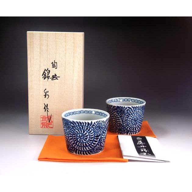 有田焼 陶芸家 藤井錦彩作 古染付蛸唐草文様湯呑み・ペア2客 : 有田焼