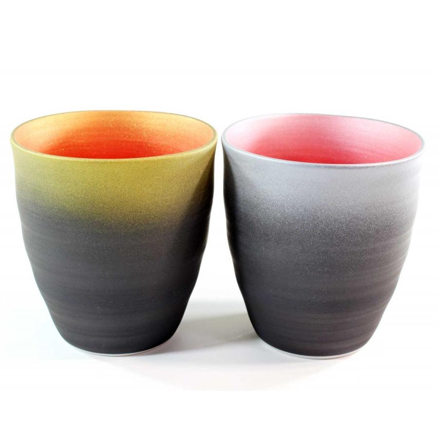 有田焼 陶芸家 藤井錦彩作 窯変金プラチナ彩波渕湯呑みペアセット