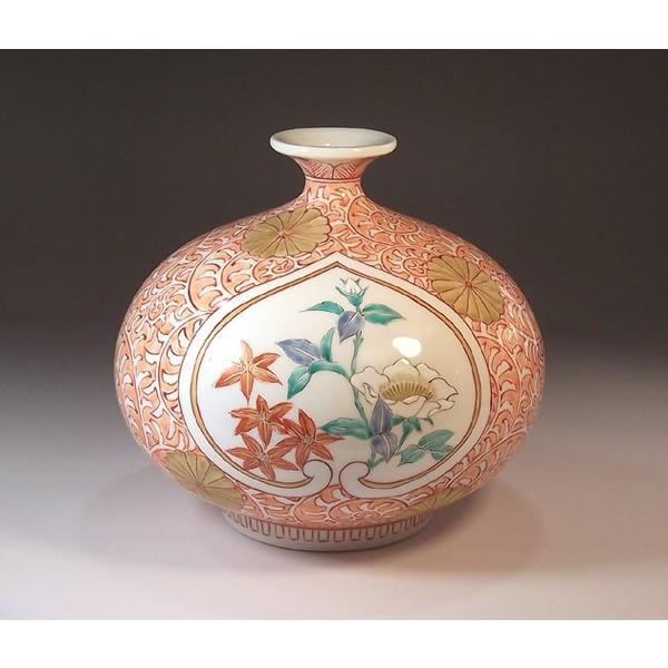 有田焼 染錦金彩菊唐草割山茶花絵花瓶｜陶芸作家 藤井錦彩 作 : 有田焼 