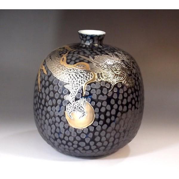 大切な 伝統工芸 手造り総手描きの高級陶器花瓶 有田焼 作 藤井錦彩 鉄釉金彩 プラチナ彩龍絵花瓶 陶芸作家 美術 工芸品 Lncci La