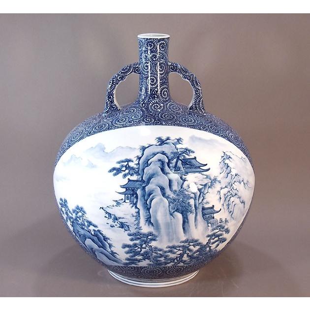 染付蛸唐草文様扇割山水画特大花瓶｜有田焼 陶芸作家　藤井錦彩作
