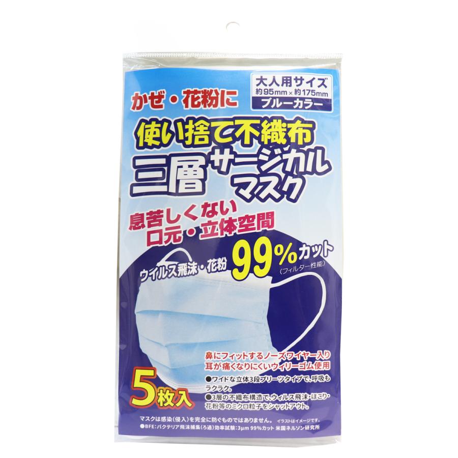 使い捨て不織布 三層サージカルマスク ブルー 大人用サイズ 5枚入 金太郎shop 通販 Paypayモール