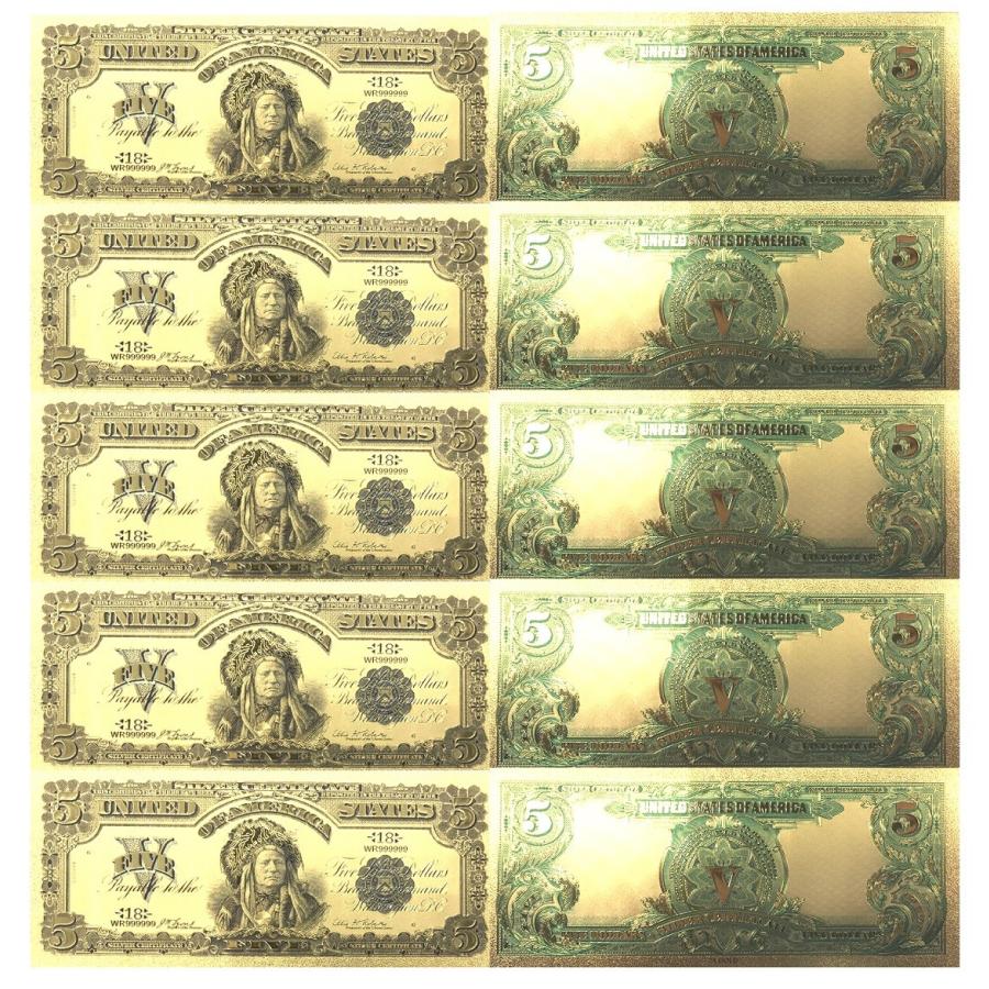 5枚セット レア アメリカ1899年5ドルゴールド記念紙幣 24K 長財布