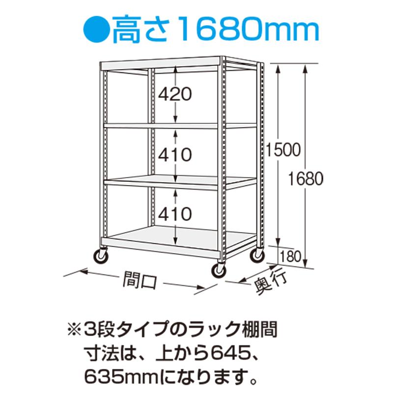 サカエ 中軽量キャスターラック GSR型 (ゴム車・自在2コ、固定2コ) GSR-9124WGK 間口900×奥行450×高さ1680mm 段数4段 段荷重200kg/段 スチールラックの画像