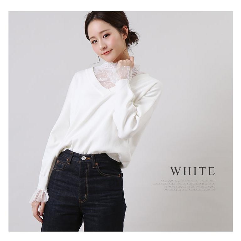 ニット セーター 春夏 レディース トップス ドット柄 チュールレース ハイネック Vネック レイヤード風 レースチュニック 重ね着 ブラック ベージュ Ckt0065 Kirakirashop By Kg Market 通販 Yahoo ショッピング