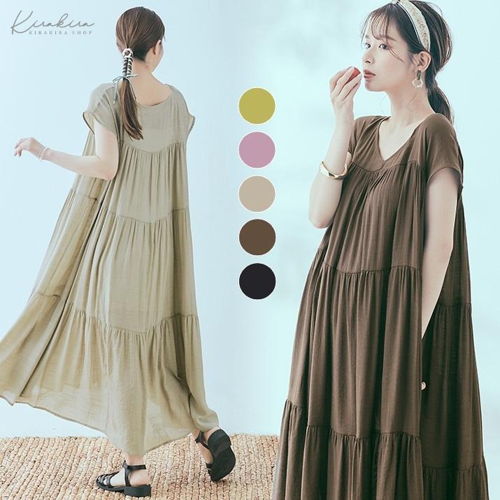 ティアードワンピース フレアワンピース 春夏 レディース ギャザーワンピース ロング丈 スラブ生地 シアー リネンライク ナチュラル フレンチスリーブ 10 Jnp0080 Kirakirashop By Kg Market 通販 Yahoo ショッピング