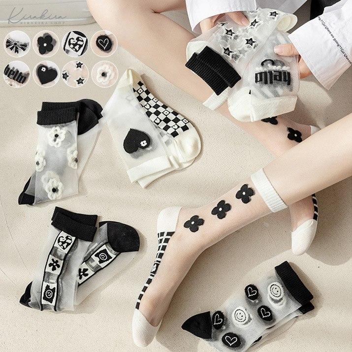 レディース メッシュソックス シースルーソックス チュール 靴下 くつ下 フットカバー ミディアム丈 ミドル丈 透け感 ブラック 黒 配色 ハート 花  フラワー//5// :lag0166:KiraKiraShop - 通販 - Yahoo!ショッピング