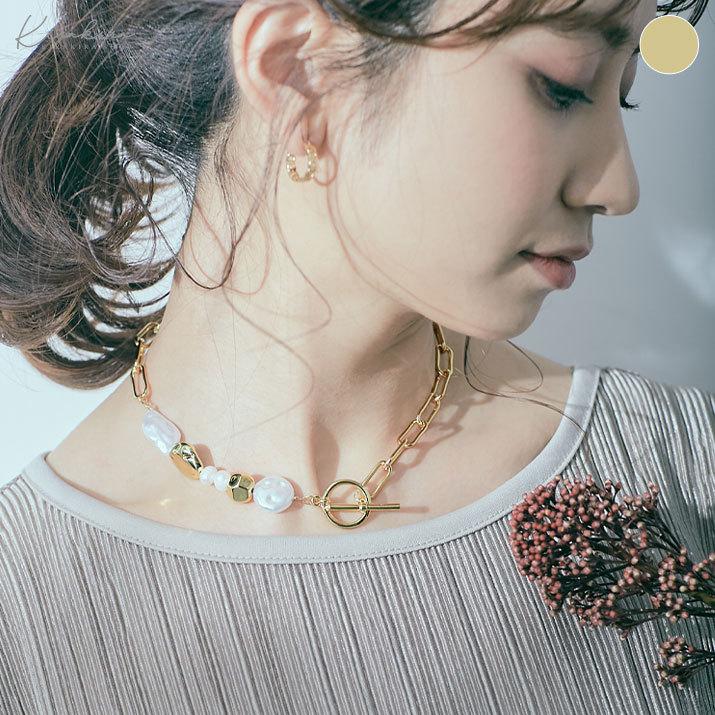 レディース 小物 アクセサリー ジュエリー ネックレス バーチェーン 鎖 淡水パール風 バロックパール風 ボリューム チョーカー