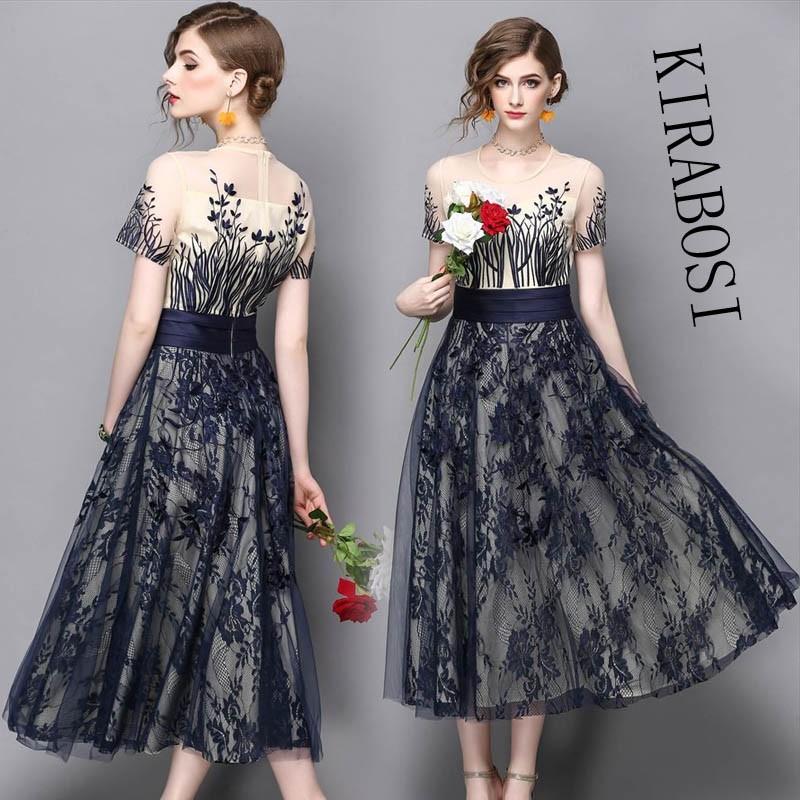 パーティードレス おしゃれ 花柄 刺繍 レース 半袖 ネイビー