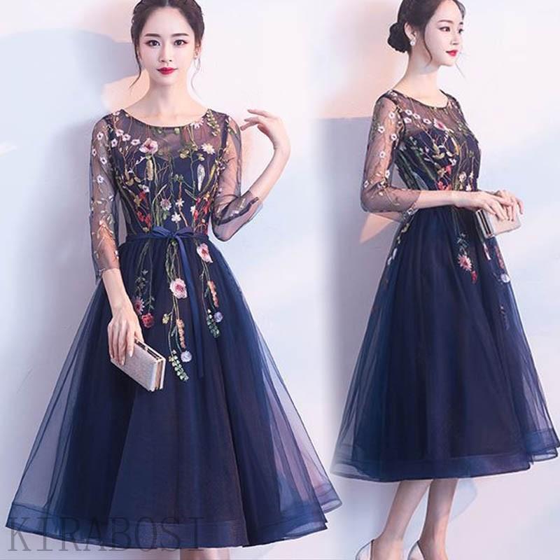 パーティードレス おしゃれ シースルー 花柄 刺繍 オーガンジー