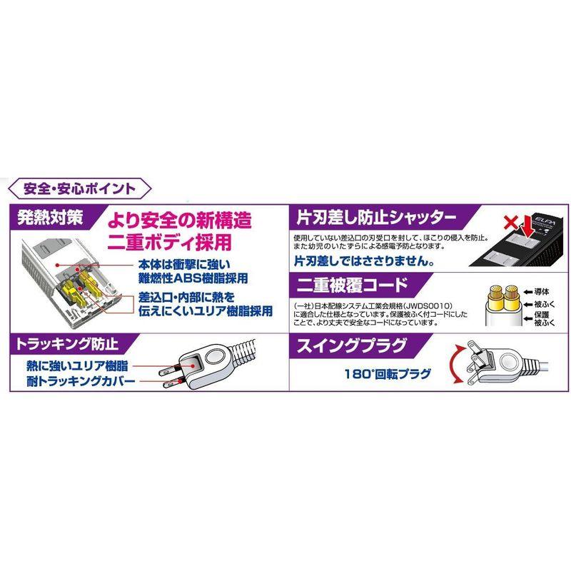 エルパ (ELPA) コード付タップ 雷ガード コンセント 延長コード 耐雷 4個口 1ｍ 白 スイングプラグ WBT-4010SBN(W)｜kirakira-cyura-shop3｜05