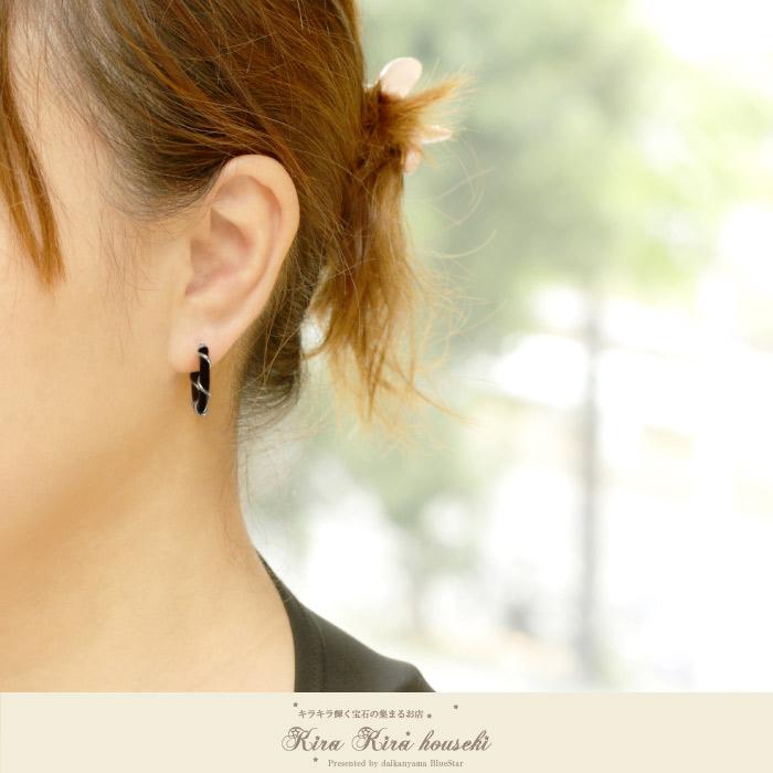 ピアス レディース K18WG オニキス フープピアス BlueStar : BlueStar 