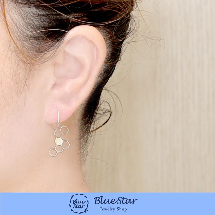 つや消し】ハニカムデザインのシンプルフックピアス K18YG BlueStar 