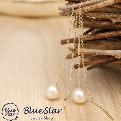 あこや本真珠 10cmアメリカン ロングピアス K18YG BlueStar