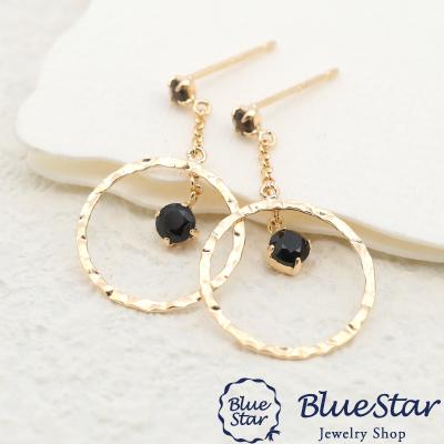 オニキスがおしゃれなサークルデザインピアス K10YG オニキスがゆれ