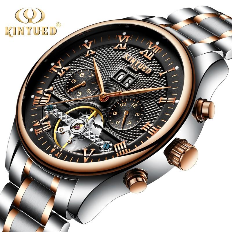 世界有名な 自動巻き 高級 海外ブランド KINYUED メンズ 腕時計 トゥールビヨン ブラック&ゴールド J12 ステンレス 機械式 腕時計