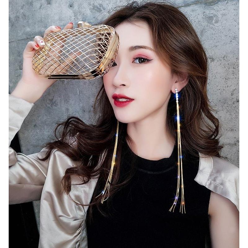 ピアス 超ロング フリッジ タッセル 蛇腹 ドレスピアス 長い ゴールド