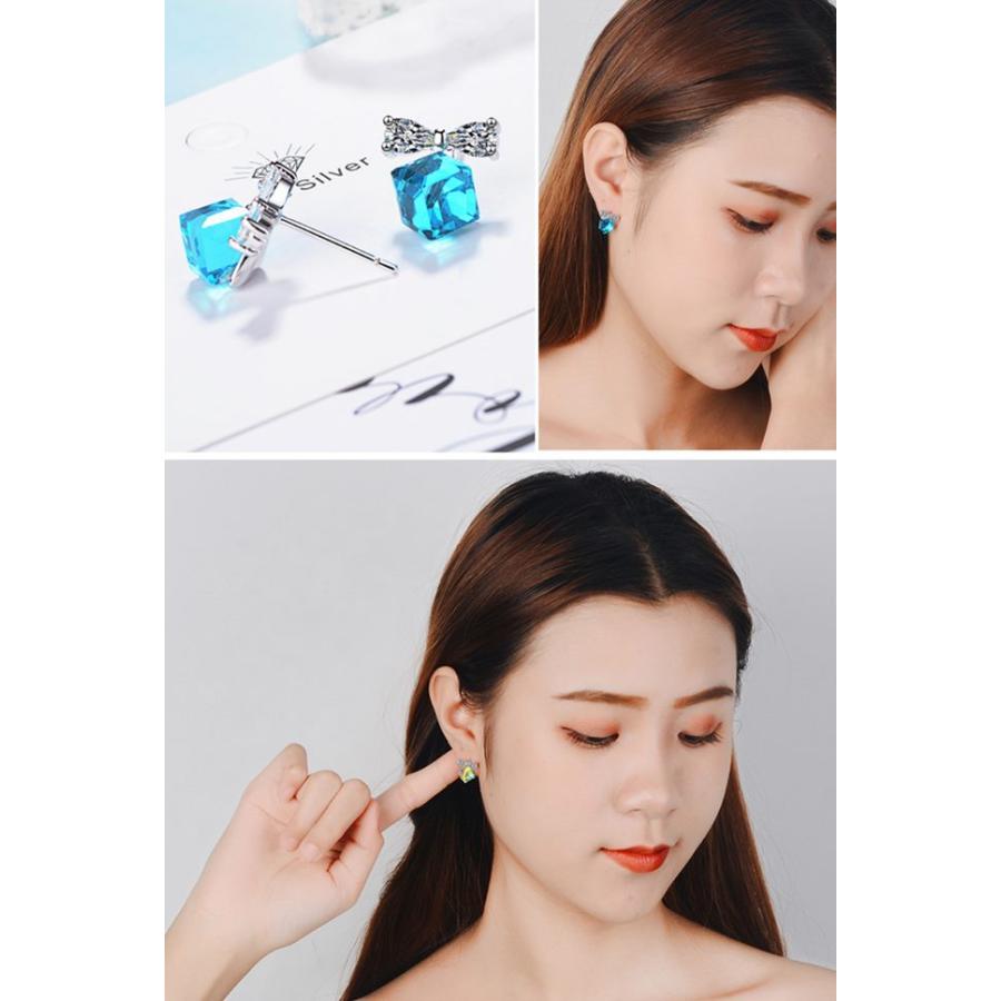 ピアス 人工水晶 虹色 七色 オーロラクリスタル ブルー リボン 可愛い