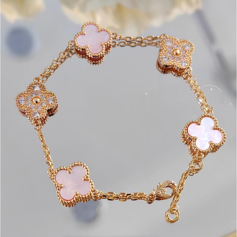 ブレスレット 四葉クローバー フラワー お花 パヴェ ピンクシェル 高級