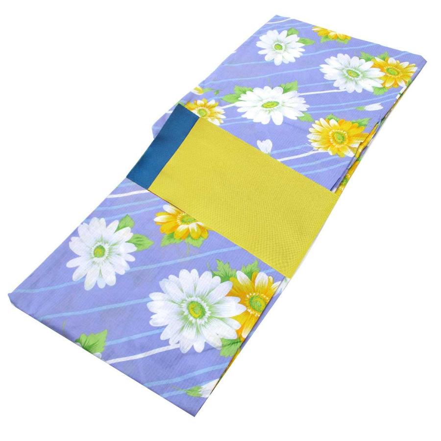 レディース 浴衣 2点 セット フリーサイズ 斜め縞にマーガレット 青紫色地 金糸雀色 青緑色のリバーシブル帯 Y3074 ゆかた 変わり織 コーディネート 帯 Y3074 木楽会 通販 Yahoo ショッピング