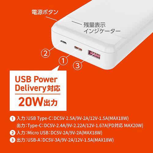 HIDISC PD20W, QC3.0対応 20000mAhモバイルバッテリー ホワイト