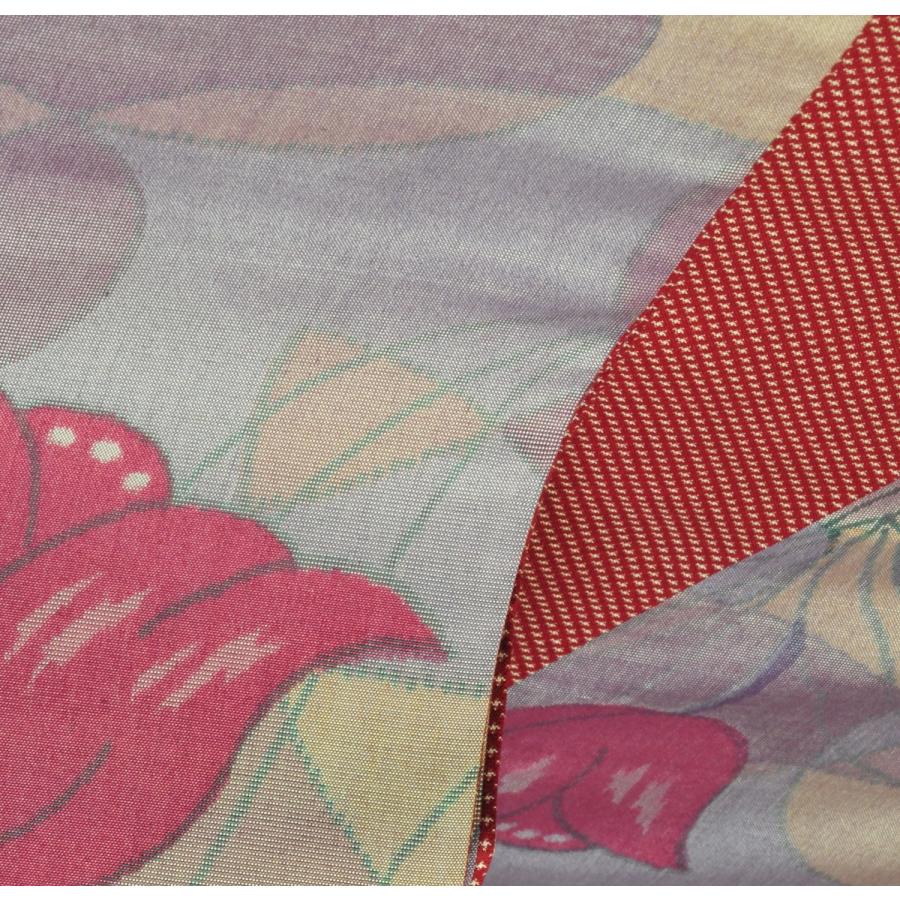 伊勢崎銘仙 藤色花柄幾何学模様 リバーシブル小袋帯 きじま銘仙