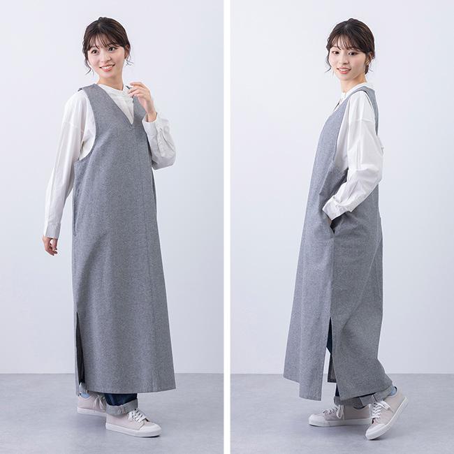 PAGE ONE シャンブレー V開き OPエプロン(エプロン ワンピース ロング