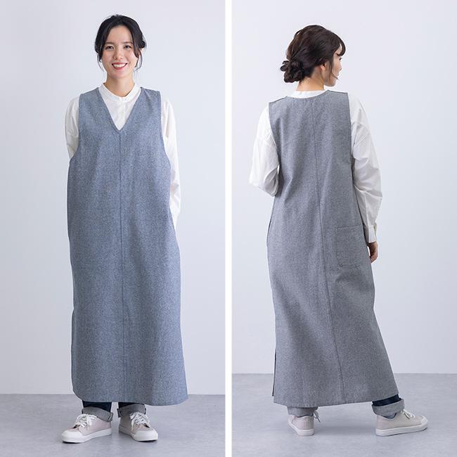 PAGE ONE シャンブレー V開き OPエプロン(エプロン ワンピース ロング