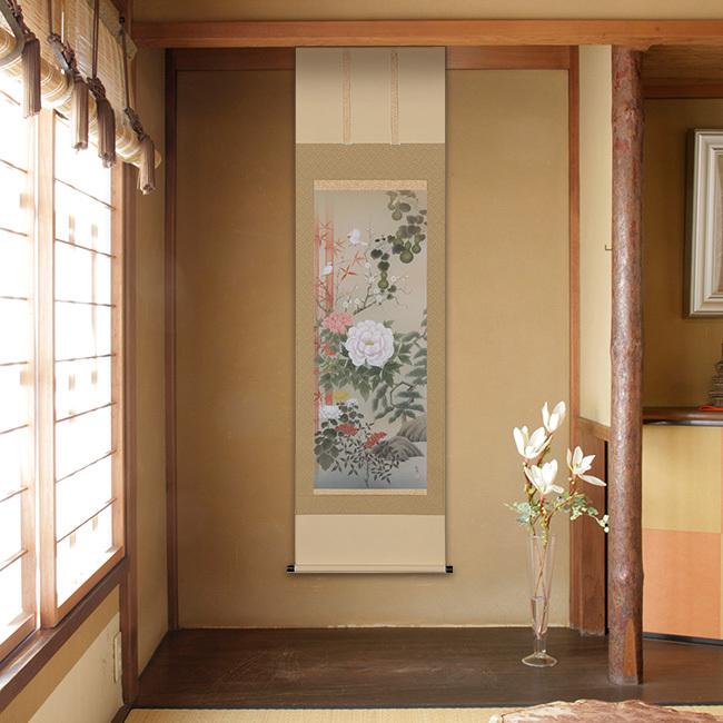 掛軸 吉祥四季開運之図 190×54.5cm(装飾 絵 レトロ 和室 客間 床の間