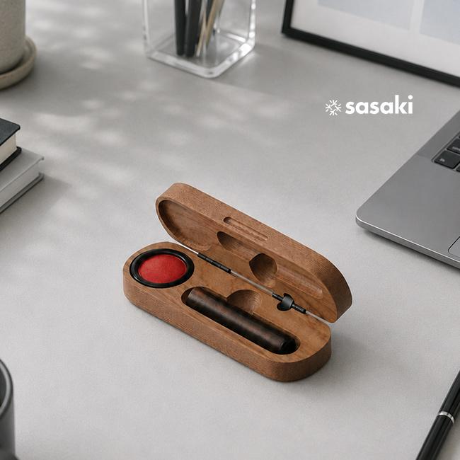 Stamp case S ウォルナット(印鑑ケース 朱肉付き ワンタッチ かわいい