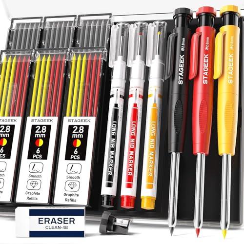 STAGEEK 建築用シャープペンシル 3本セット シャー芯付き（36本） 高耐久 大工/建築/工事/マーキング用 (黒い、赤い、黄色替芯セット | 