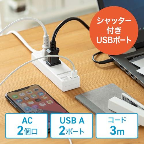 サンワサプライ USBシャッター付きタップ（2P・2個口・3m） TAP-B110USH-3W |  | 01