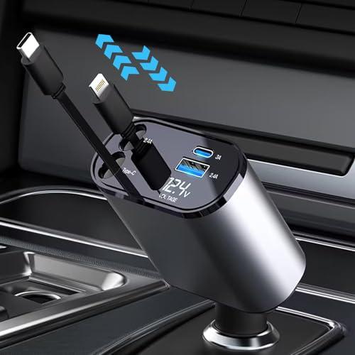 巻き取り式4in1 車 充電器 シガーソケット 4台同時充電 カーチャージャー 巻き取り式充電ケーブル 2本 Type-C100W/Lightn | 