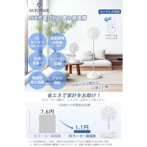 ALROMUSコードレス扇風機 7200mAh USB充電式 折りたたみ扇風機 コードレス｜首振り・風量4段階・リズム自然風・タイマー機能付き｜ |  | 01