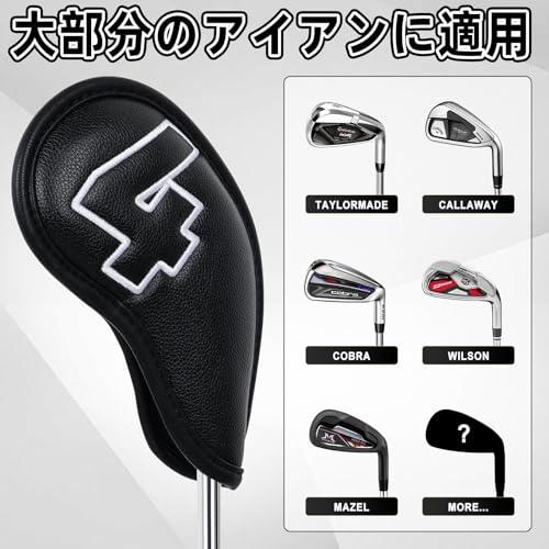 ゴルフアイアンカバー マグネット ウェッジカバー クラブヘッドカバー セット 10枚(4-9PASX) 黒い合皮 両面white番号 |  | 02