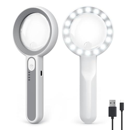MoKo ルーペ 手持ちルーペ LED付き USB充電式 虫眼鏡 拡大鏡 6+12倍高倍率 2in1 デュアルレンズ 読書用拡大鏡 ハンドヘルド | 