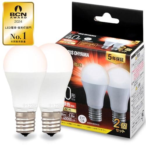 E17アイリスオーヤマ LED電球 40W形 電球色 口金直径17mm 広配光 形 2個パック 440? 密閉器具対応 LDA4L-G-E17- | 