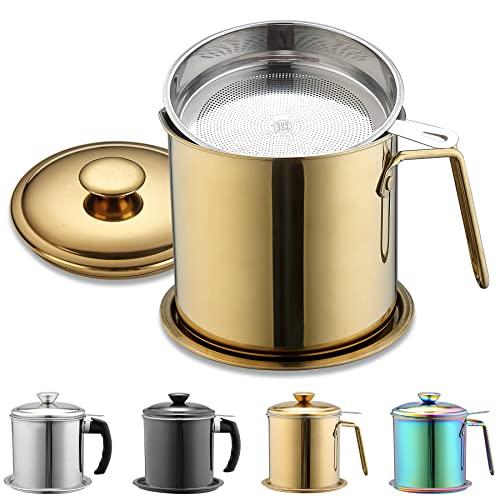 Evanda オイルポット ゴールド 1.4L 304ステンレス チタンメッキ 油こし器 受皿付き 液だれしにくい フィルターカートリッジ あぶ | 