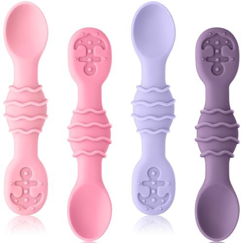 Qkie シリコーン製の離乳食スプーン、食品グレード、柔らかい、ペースト状の離乳食に最適、食洗機対応、ベビー用品、4本セット (Lollipop | 