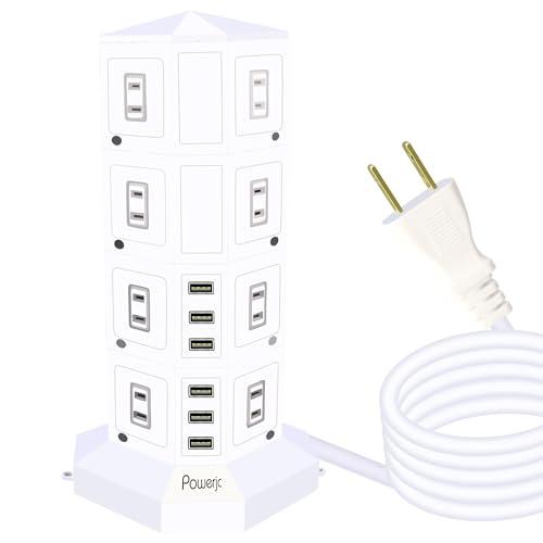 POWERJC タワー式電源タップ 4層縦コンセント 16ACスマート6USB急速充電 3m スイッチ付雷ガード 過負荷保護 省エネ オフィス/ | 