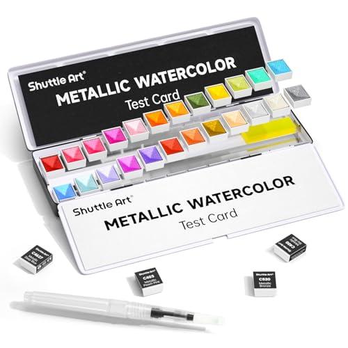 Shuttle Art 固形水彩絵の具 メタリック 24色セット 固体水彩 ハーフパン 鮮やか 金属色 パレート 水筆ペン 画用紙付き 透明 パ | 