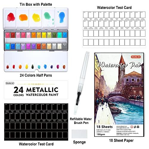 Shuttle Art 固形水彩絵の具 メタリック 24色セット 固体水彩 ハーフパン 鮮やか 金属色 パレート 水筆ペン 画用紙付き 透明 パ |  | 02