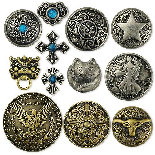 コンチョ ボタン 12個セット ねじ式 アンティーク シルバー 金古美 15mm〜38mm ターコイズ 唐草 クロス フラワー レザークラフト | 