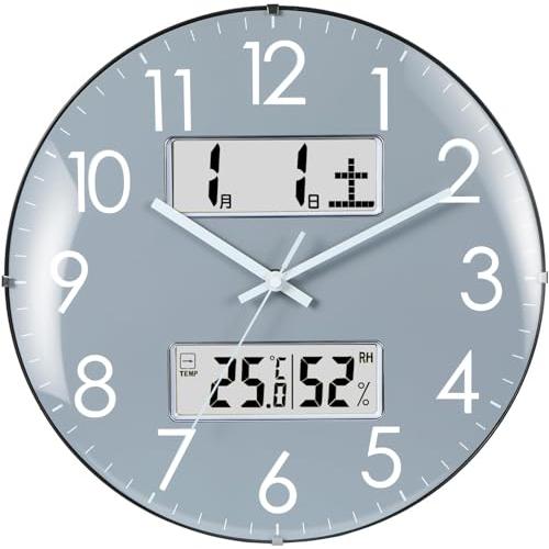 掛け時計 電波時計 温度・湿度・日付・曜日表示 33cm直径 アナログ 夜間秒針止まり（22時〜6時） 静音 球面ガラス グレー | 
