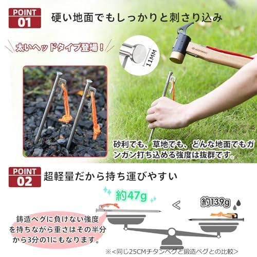 ペグ チタン製 AVOFOREST チタンペグ 太いヘッド 20cm 25cm 30cm 2本/6