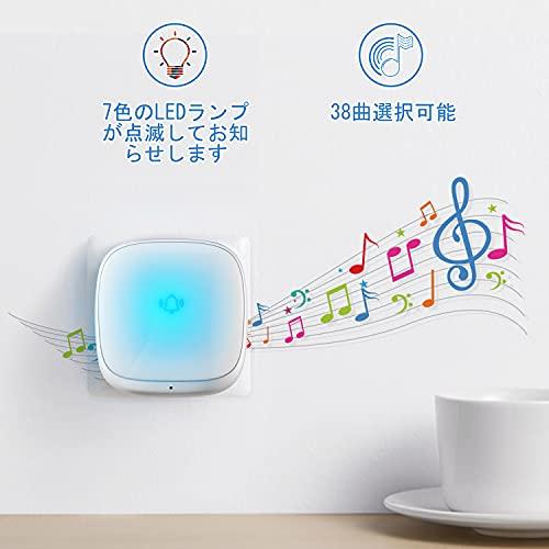 Derrysunワイヤレスチャイム 玄関チャイム 電池不要 自動発電 音と光で呼び出しチャイムセット 7色led提示4段階音量調節38曲 防水防 |  | 02