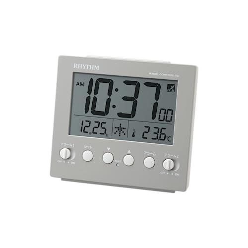 リズム(RHYTHM) 目覚まし時計 電波時計 デジタル 電子音 ダブル アラーム (スヌーズ 付) 温度計 ライト カレンダー グレー 9.1 | 